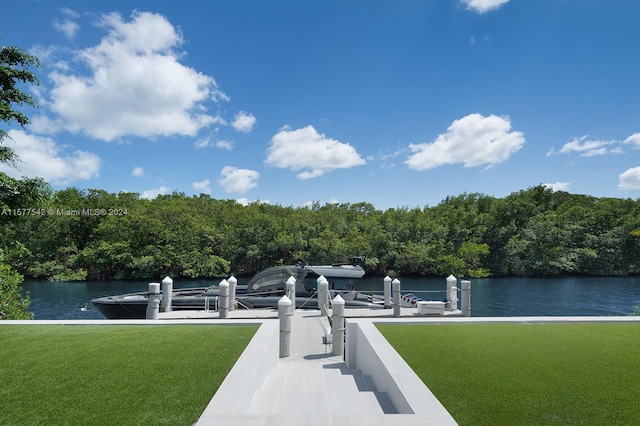 view of dock with a water view and a yard