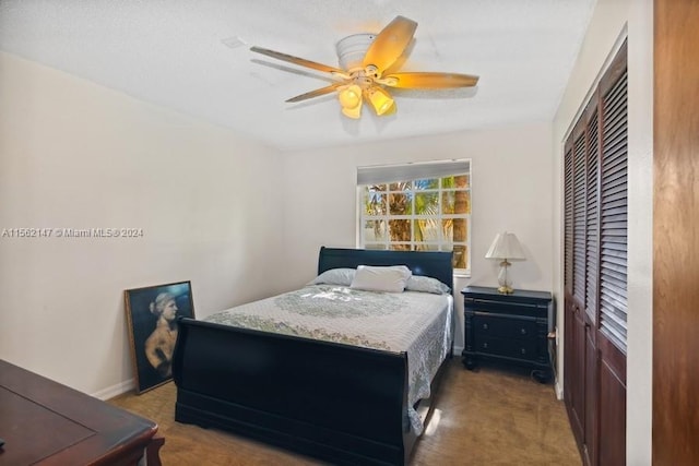 bedroom featuring a closet, ceiling fan, and carpet floors