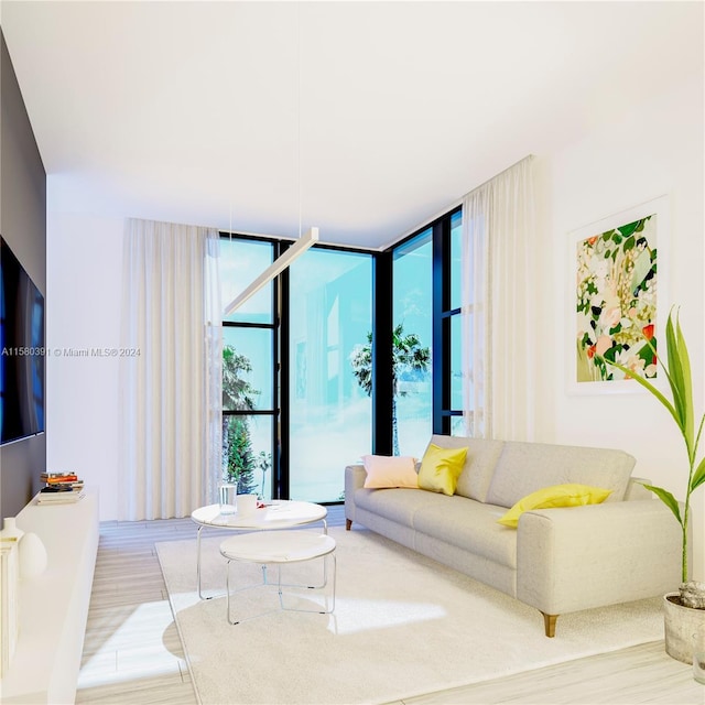 living room with hardwood / wood-style floors and a wall of windows