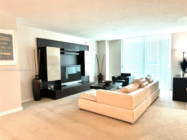 carpeted living room featuring a textured ceiling