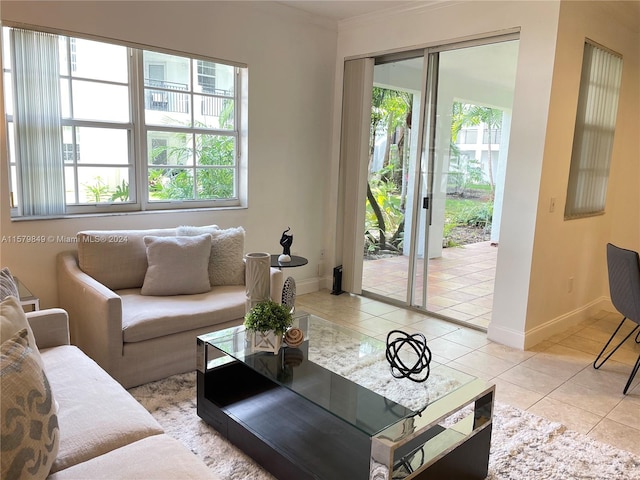 living room featuring tile floors