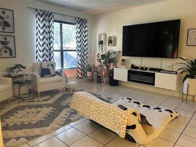 tiled living room with a textured ceiling