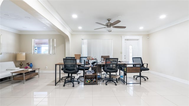 tiled office space with ceiling fan and ornamental molding