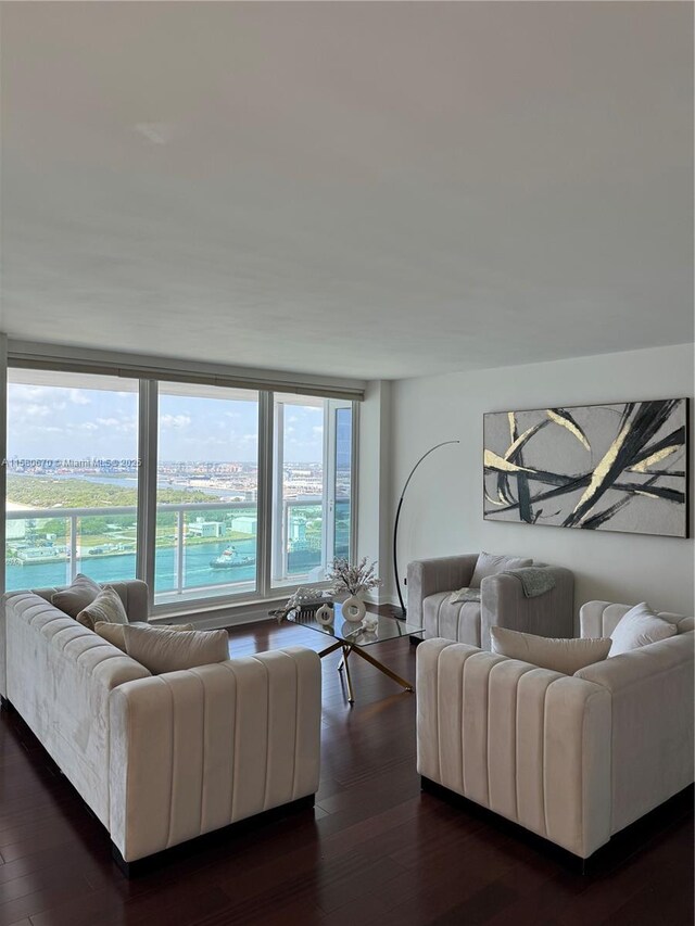 living room featuring a wealth of natural light, wood-type flooring, and a water view