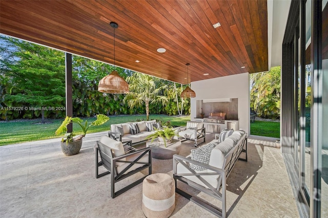 back house at dusk featuring outdoor lounge area, a swimming pool with hot tub, a balcony, and a patio