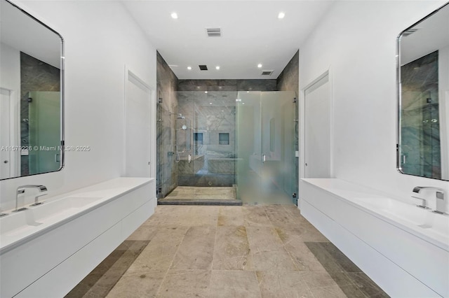 full bathroom featuring a shower stall, visible vents, and recessed lighting