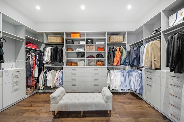 walk in closet with dark hardwood / wood-style flooring