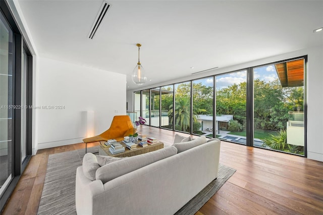 living room featuring hardwood / wood-style floors and expansive windows