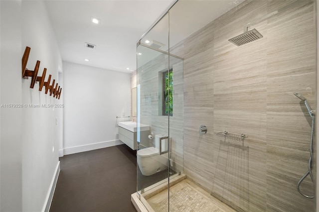 full bath featuring visible vents, recessed lighting, tile patterned flooring, a shower stall, and vanity