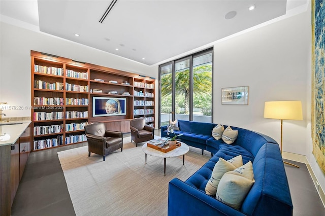 living room with floor to ceiling windows and sink