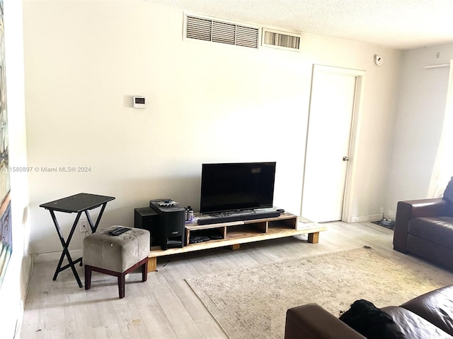 living room featuring hardwood / wood-style flooring and a textured ceiling