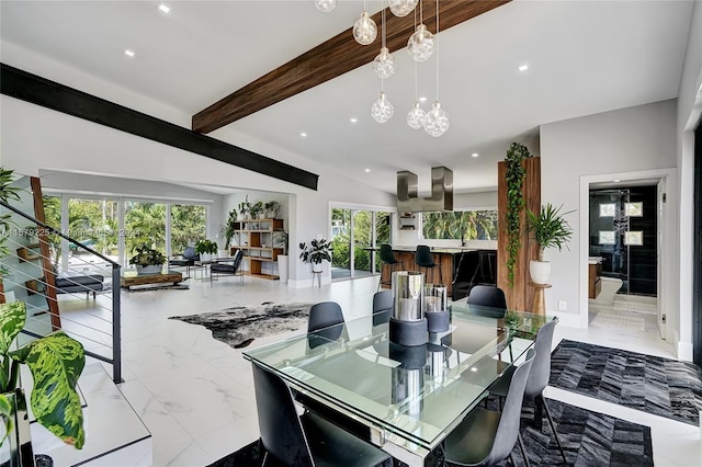 dining space with a healthy amount of sunlight, lofted ceiling with beams, a notable chandelier, and light tile flooring