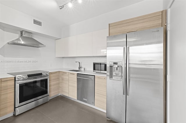 kitchen with backsplash, stainless steel appliances, sink, wall chimney range hood, and white cabinets