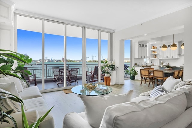 living room with floor to ceiling windows, light hardwood / wood-style flooring, sink, and a water view