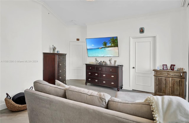 living room featuring crown molding and hardwood / wood-style flooring