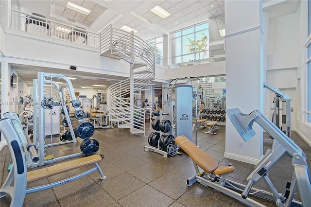 exercise room featuring a high ceiling