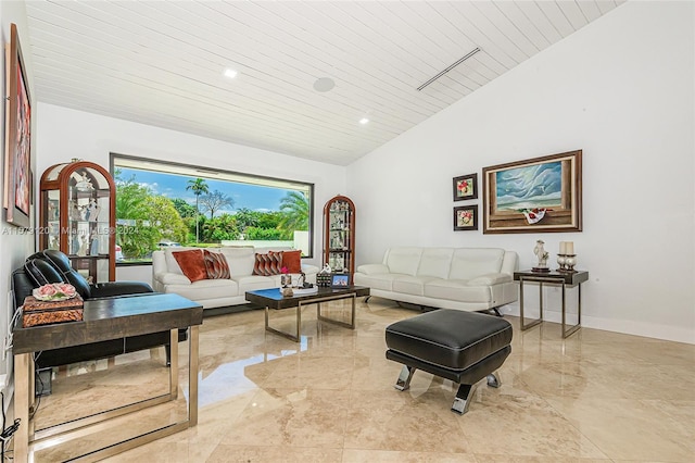 living room with lofted ceiling and wood ceiling