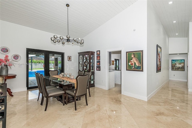 dining room with french doors, high vaulted ceiling, wood ceiling, and a notable chandelier