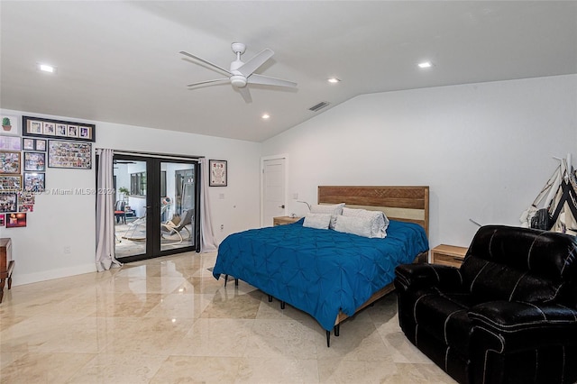 bedroom with access to exterior, ceiling fan, french doors, and vaulted ceiling