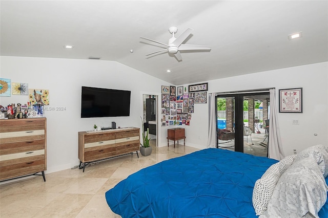 bedroom with access to outside, ceiling fan, french doors, and vaulted ceiling