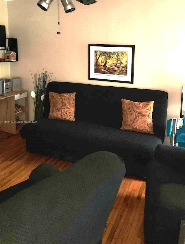 living room with hardwood / wood-style floors and ceiling fan