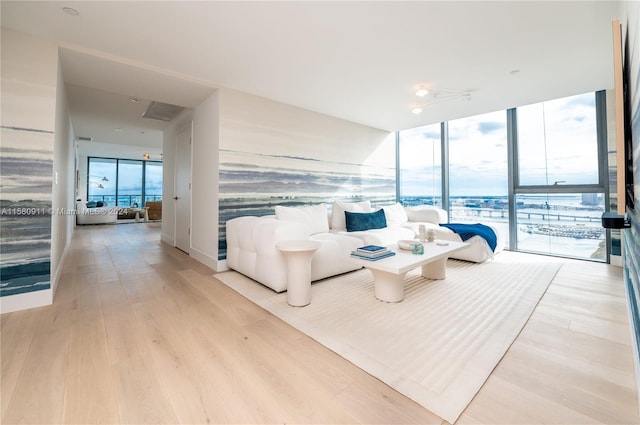 living room featuring expansive windows and light wood-type flooring