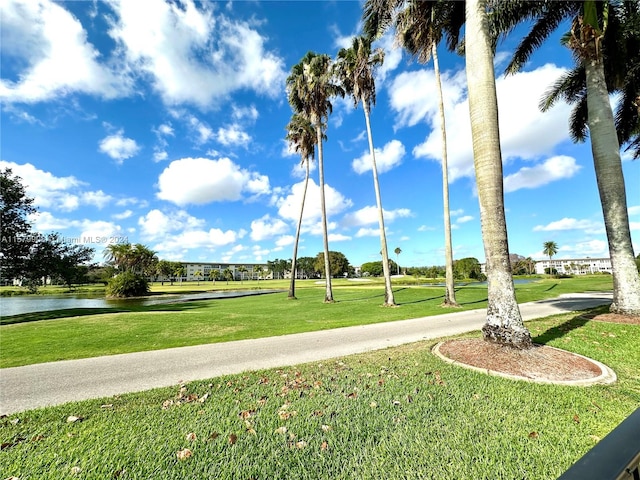 view of property's community featuring a water view and a lawn