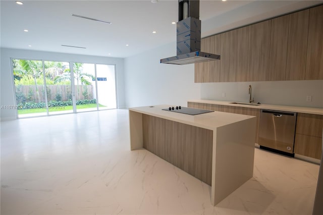 kitchen with light tile flooring, dishwasher, island exhaust hood, sink, and a center island