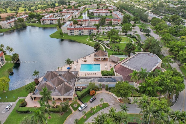 aerial view featuring a water view