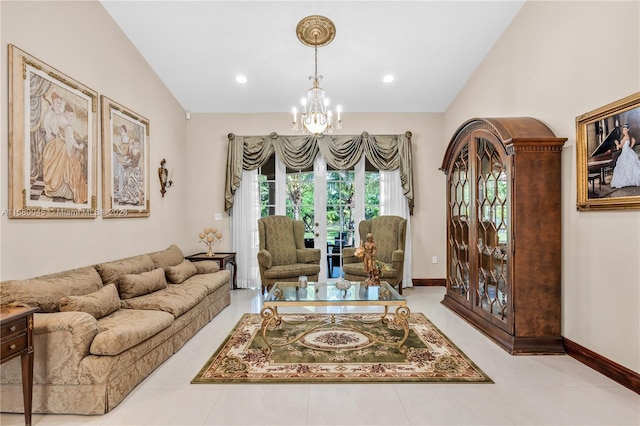 tiled living room with lofted ceiling and a chandelier