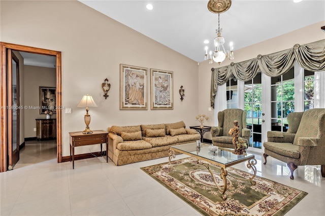 living room with vaulted ceiling, an inviting chandelier, and light tile patterned floors