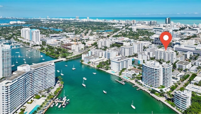 aerial view featuring a water view