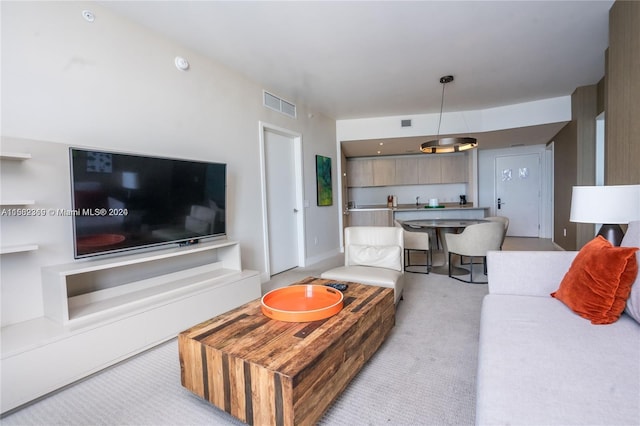 living room featuring light colored carpet