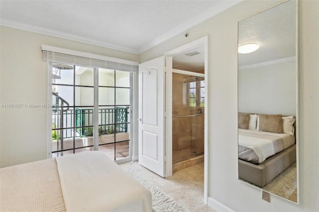 tiled bedroom with crown molding, access to exterior, and a textured ceiling