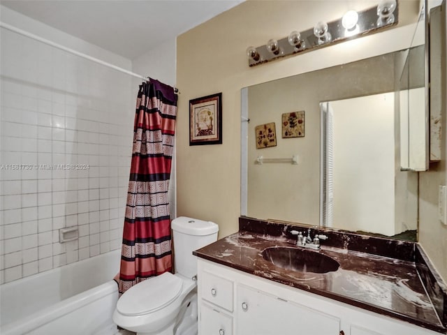 full bathroom with shower / bath combination with curtain, toilet, and oversized vanity