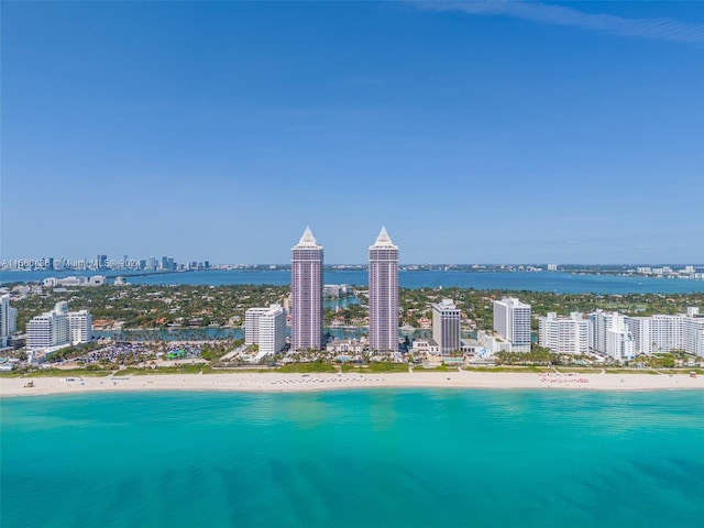 drone / aerial view featuring a water view and a view of the beach