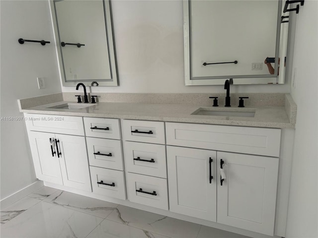 bathroom with tile flooring and dual bowl vanity