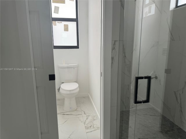 bathroom with a shower with door, toilet, and tile floors