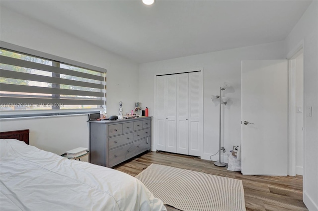 bedroom with hardwood / wood-style floors and a closet