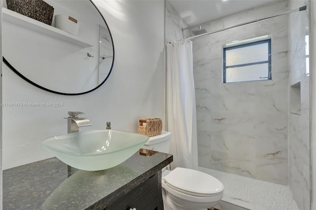 bathroom with curtained shower, toilet, and vanity