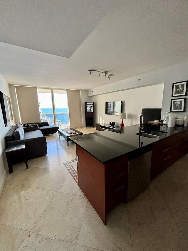 kitchen with dark brown cabinetry, a water view, track lighting, sink, and light tile floors