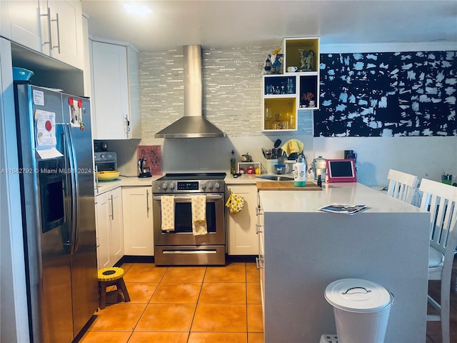 kitchen with white cabinets, kitchen peninsula, wall chimney exhaust hood, sink, and appliances with stainless steel finishes