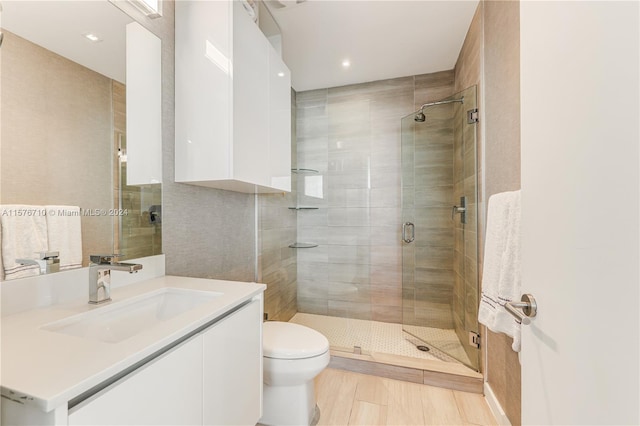 bathroom featuring vanity, toilet, and a shower with shower door