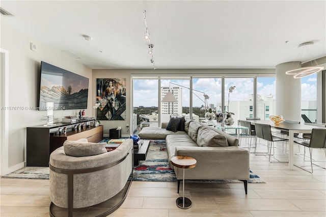 living room featuring a chandelier, light hardwood / wood-style floors, and track lighting