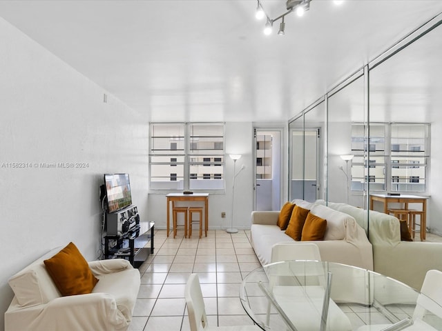 tiled living room with track lighting