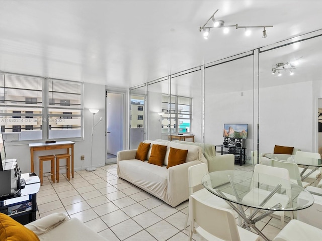 tiled living room with track lighting