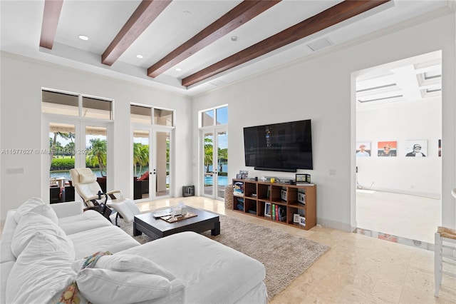 tiled living room featuring french doors, ornamental molding, beam ceiling, and a high ceiling