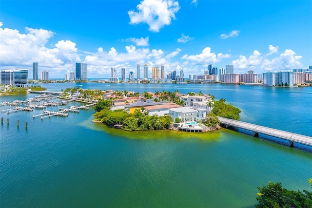 birds eye view of property featuring a water view and a city view