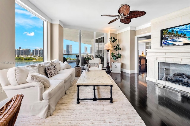 living room with baseboards, a glass covered fireplace, wood finished floors, expansive windows, and a view of city