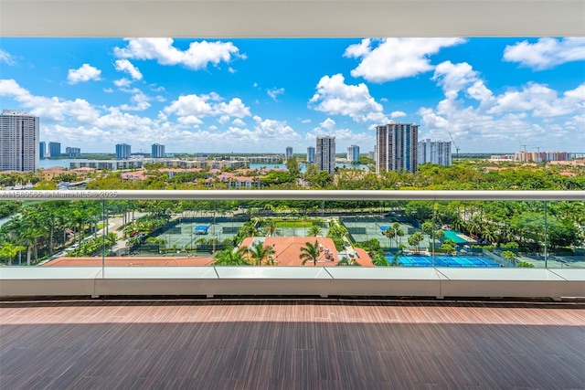 view of swimming pool with a city view